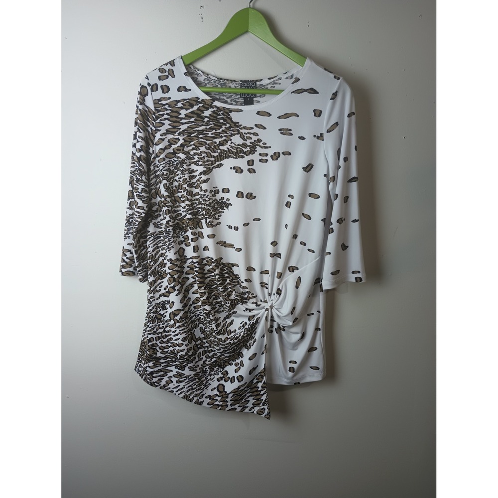 Clara Sunwoo Womens Leopard Print Side Knot Asymmetrical Tunic Top White Small